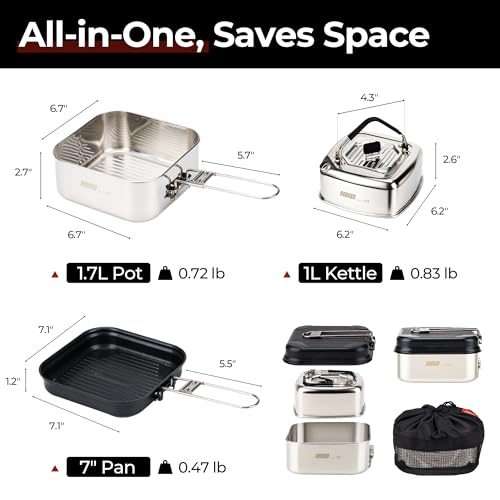 Alocs Camping Cookware Set - Lightweight Camping Pots and Pans - Portable Outdoor Cookware with Kettle - Camping Cookware Mess Kit for 2 - style: Elite Stainless Series (3-piece)