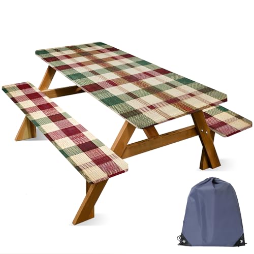 ANNA QUEEN Classic Plaid Picnic 6FT Picnic Table Cover with Bench Covers Set of 3 with Drawstring Bag, Checkered 72"x30" Waterproof Picnic Tablecloth & Bench Covers for Outdoor BBQ - color: #56