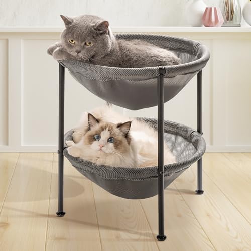 JUNSPOW Double Cat Bed Grey, Breathable Kitty Bed for 2 Cats with 4 Adjustable Feet & Anti-Slip Mats, Easy Assembly Cat Hammock for Multi-cat Household, Indoors & Outdoors, 22.8 in x18.7 in x 18.7 in - color: Grey, size: 18.7"L x 18.7"W x 22.8"Th (Mesh)