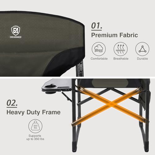 EVER ADVANCED Aluminum Lightweight Folding Director Chair, 350lbs Heavy Duty Camping Chair with Side Table & Storage, 19" Joint-Friendly Height Easy to Stand, Portable Makeup Artist & Vendor Chair - color: Dark Green, style: 1 Pack