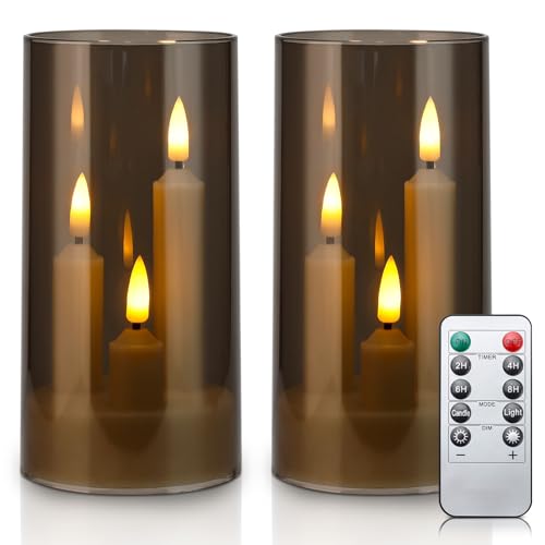 Enido 2 Pc Flameless LED 3-in-1 Taper Candles with Remote & Timer, Battery Operated Acrylic Pillar Set, 3" x 6" Flickering Electric Lights for Cozy Home & Holiday Romantic Decor (Gray) - color: Taupe
