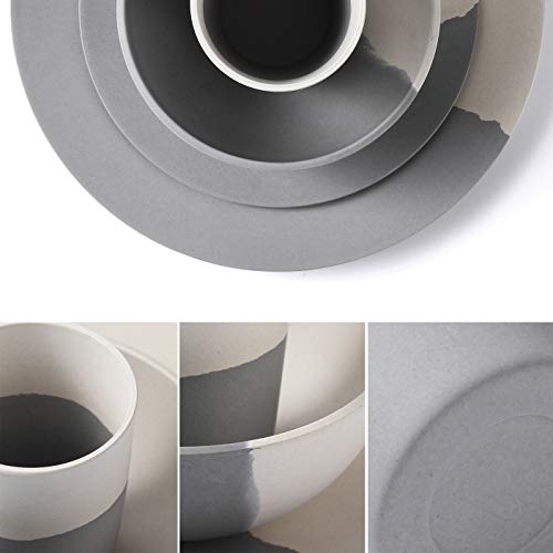MORGIANA 8 pcs Bamboo Dinnerware Set Reusable Plates Bowls Sets, Camping Picnic Dishes Tableware Set for 2 (Grey & White) - color: Grey & White