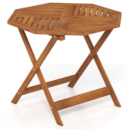 Tangkula 35.5" Octagonal Patio Dining Table, Hardwood Outdoor Bistro Table with Slatted Tabletop, 1.97" Umbrella Hole & Teak Oil Finish, Outside Table for Porch Balcony Deck Poolside Yard - size: 35.5"