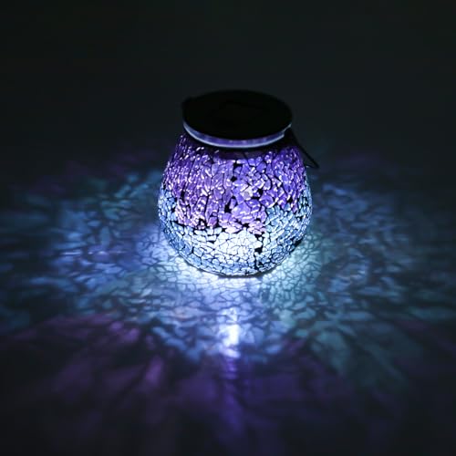 Afirst Mosaic Solar Lanterns Outdoor - Glass Hanging Solar Lights Hollow Out Waterproof Table Lamp Outdoor Decorative for Garden, Patio, Holiday Party Outdoor Decoration - style: ice-purple