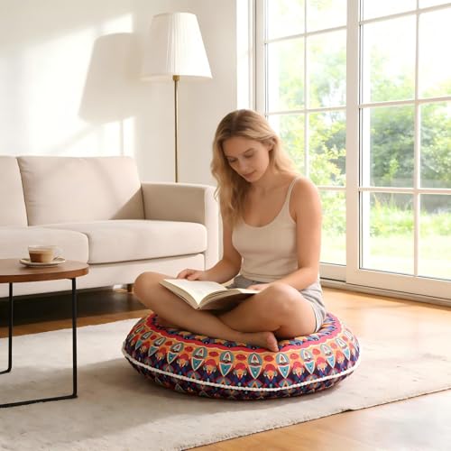LOVMOC 32 Inch Round Floor Pillow for Adults, Large Thick Memory Foam Boho Mandala Meditation Floor Seating Cushion, Machine Washable for Living Room Outdoor Yoga Floor Sitting, Red - color: Red, size: 1 Count (Pack of 1)