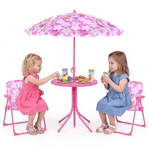 Costzon Kids Picnic Table, Kids Outdoor Table with 2 Folding Chairs, Height Adjustable Umbrella, Portable Children Outdoor Furniture for Patio, Garden, Backyard (Pink Flowers) - color: Pink Flowers