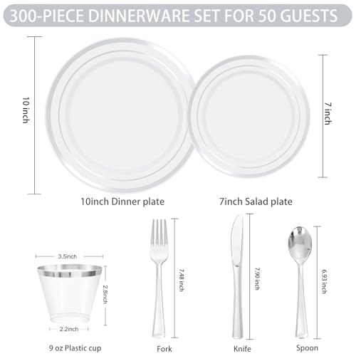 WELLIFE 300 PCS Silver Dinnerware Set for 50 Guests, Silver Plastic Disposable Plates for Party, 50 Dinner Plates, 50 Salad Plates, 50 Cups Forks Knives Spoons for Wedding and Party Anniversary - color: Silver, size: 50 Guests