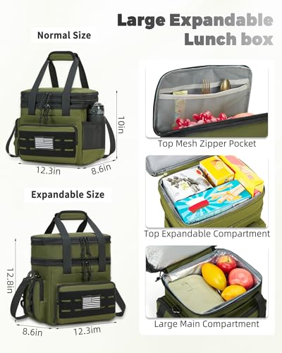 holuxer Tactical Lunch Bag & Lunch Box for Men - Large Double Deck Expandable Insulated Soft Adult Lunchbox for Work - Cooler Bag for Beach, Picnic, Camping,Outdoor，Travel (Green,16L) - color: Green, size: Large
