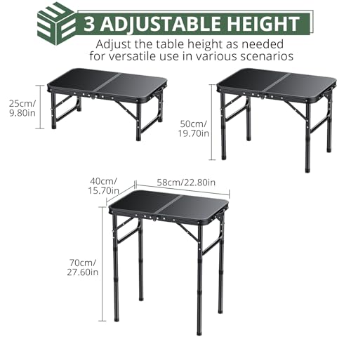 EYPINS Folding Camping Table Portable - Pure Black Aluminum 22.8x15.7'',3 Height Adjustable Small Outdoor Folding Table,Waterproof Lightweight Table with Carry Handle for Picnic,Cooking,BBQ,Beach - color: Pure Black, size: 22.8x15.7x 27.5 Inch