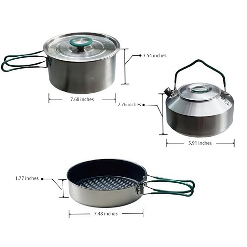 Stainless Steel Camping Cookware, durable, easy to clean, and quick to heat up. Durable camping pots and pans, perfect for family picnics, camping, backpacking, hiking.