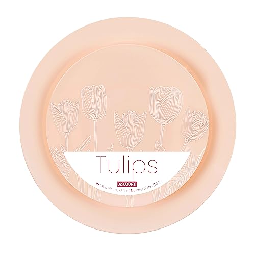 PLASTICPRO 32 Pack Elegant Disposable Plastic Plates Combo Set Includes 16 Dinner Plates and 16 Salad Plates Heavy Duty Fancy Party Plates Pink and White Tulip Design - color: Pink & White Tulip Design