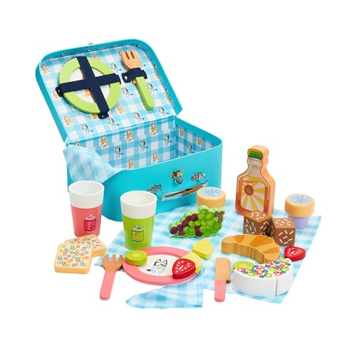 8th Wonder Wooden Bluey Toys Picnic Carrying Case, 30-Piece Picnic Basket Toy with Cutlery and Food Accessories, Outdoor Food Toys for Kids of Ages 3+ - style: Picnic Set