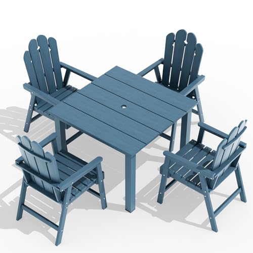 5-Piece Patio Dining Set, Outdoor Dining Set for 4, HDPE All-Weather Outdoor Furniture with 35.43” Umbrella Hole Table, 4 Armchairs, Navy - color: Navy, size: 4 Armchairs