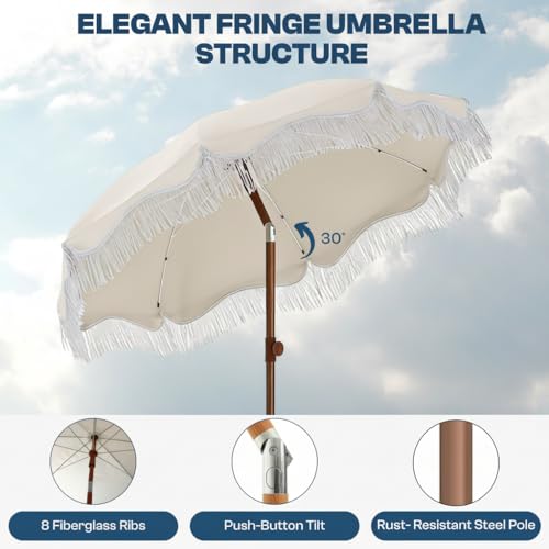 7ft Patio Umbrella with Fringe, Boho Beach Umbrellas, Outdoor Tassels Umbrellas with Push Button Tilt & Carrying Bag, 8 Windproof Fiberglass Ribs, UPF50+ - color: Creamy-white