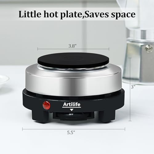 Artilife 500W Mini Electric Hot Plate - Moka Pot Special, 110V Compact RV Camping Stove, 4" Cast Iron Burner for Coffee, Low Wattage Portable