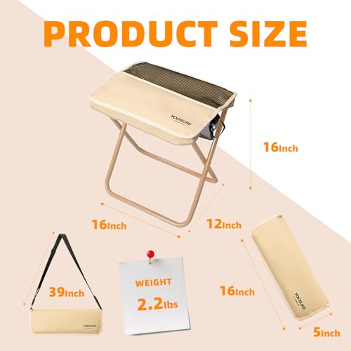 16" Extra Tall XL Portable Chair for Adults, Collapsible Purse Chair Heavy Duty Camp Seat with 3 Storage Pockets for Fishing Hiking Gardening, Lightweight Travel Purse Stool - color: Sand Khaki