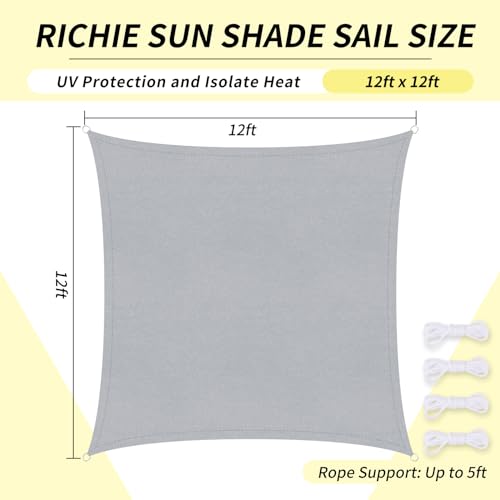 RICHIE Upgrade 12'x12' Sun Shade Sail Square Canopy, Water Resistant & UV Block Sunshade for Outdoor Patio Lawn Beach Garden Carport Backyard Deck Pergola, Light Grey - color: Light Grey, size: 12'x12', style: Rectangle
