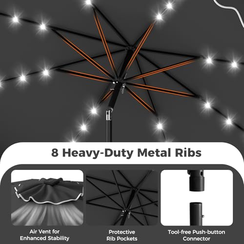 Tangkula 10 FT Solar Patio Umbrella with Base Included, 2-Tiers Outdoor Scalloped Table Umbrella with 32 LED Lights, 2 Sandbags, Tilt Adjustment, Crank, 8 Ribs for Market Backyard Pool Deck Beach Lawn (Gray, 10 FT) - color: Gray, size: 10 FT