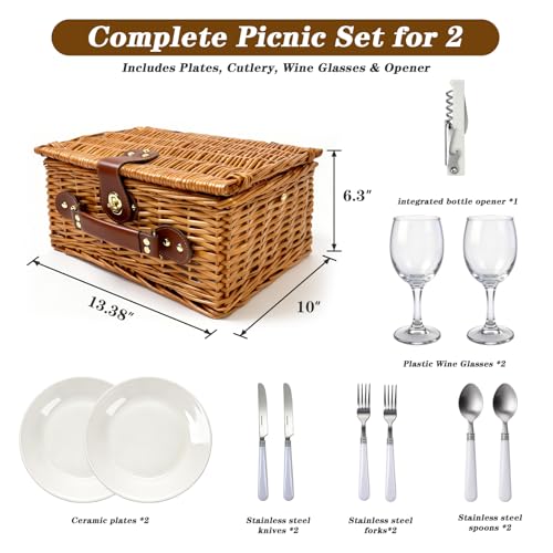 Picnic Basket for 2 - Picnic Basket with Cutlery Kit and Glasses, Insulated Picnic Set with Waterproof Liner, Portable Wicker Picnic Baskets with Lid and Handle for Outdoor, Picnic, Camping, Holidays