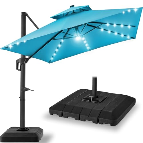 Best Choice Products 9x12ft LED Cantilever Patio Umbrella w/Base Included & 360° Rotation, Large Solar Offset Hanging Outdoor Sun Shade for Deck, Backyard Table w/Stand & Lights – Sky Blue - color: Sky Blue, size: 9x12ft