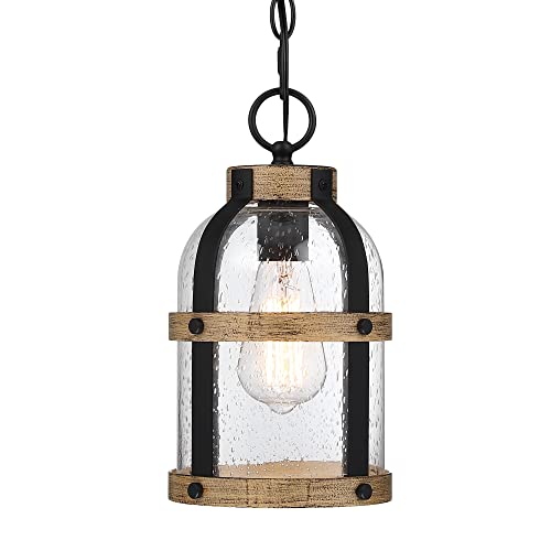 Outdoor Pendant Light for Porch,Modern Exterior Hanging Lantern with Adjustable Chain, in Black and Wood Grain Finish with Seeded Glass for Front Door,Entryway,Farmhouse (Wood Grain) - color: Wood Grain
