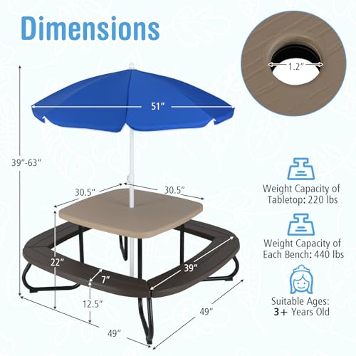 HONEY JOY Kids Picnic Table, 8 Person Toddler Outdoor Table and Chair Set, 4 Built-in Benches, Removable Umbrella, Metal Frame & HDPE Top, Children Outdoor Furniture for Backyard Patio Garden (Coffee) - color: Coffee