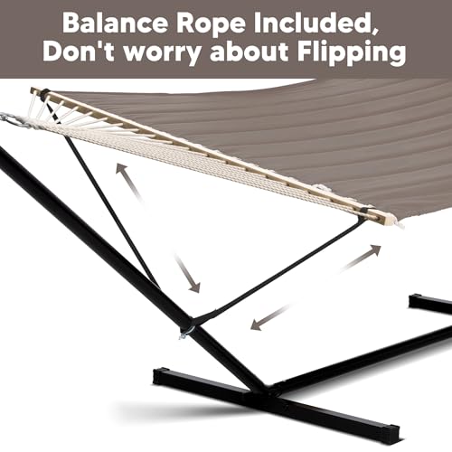 SUNCREAT 55 Inch Extra Large Double Hammock with 12 ft Stand, 475lbs Capacity, Outdoor Portable Hammock with Hardwood Spreader Bar, Extra Large Pillow, Brown - color: Brown, size: 12 ft Stand