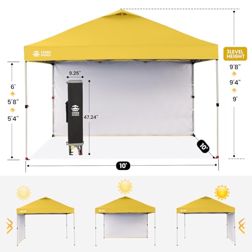 CROWN SHADES 10x10 Pop Up Canopy with 1 Side Wall - Beach Tent with One Push Setup - Outdoor Sun Shade for Events, Parties, Camping - Gazebo with STO-N-Go Cover Bag (Yellow) - color: Yellow, size: 10x10FT