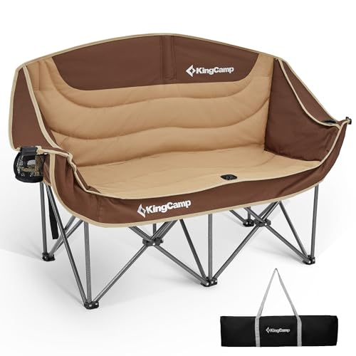 KingCamp Double Camping Chair, Oversized 880lbs Heavy Duty Loveseat for Adults Portable Folding XL 2 Person Couch Padded Comfortable Two Seat with Cup Holder for Outdoor Lawn Backyard, Khaki/Coffee - color: XL 2 Person Khaki/Coffee, size: Loveseat XL