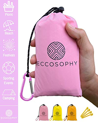 ECCOSOPHY Sand Proof Beach Blanket - Waterproof Picnic Blanket 60x55 Outdoor Compact Pocket Blanket Lightweight Ground Cover for Hiking Camping Festivals Sports Travel with Bag & Stakes (Pink) - color: Pink