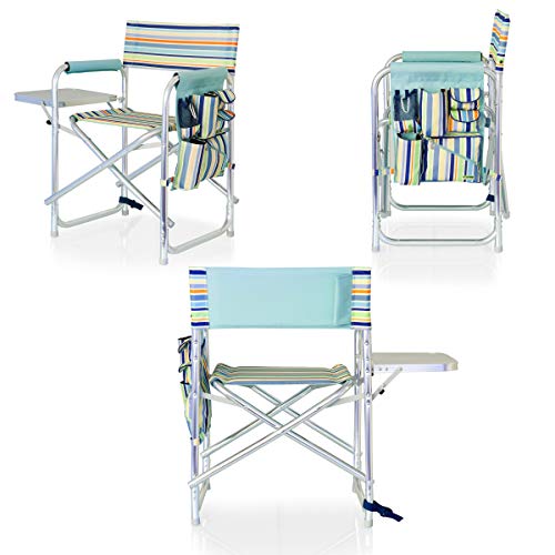 PICNIC TIME Sports Chair with Side Table and Armrest Caddy, Lightweight Aluminum Folding Outdoor Camping Chair for Adults, Portable Director Style Lawn Seating with Pockets & Carry Strap, (St. Tropez) - color: St. Tropez Collection - Sky Blue With Multi S