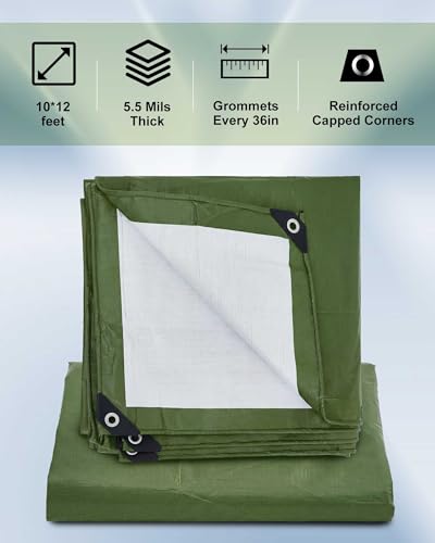 SmoothNovelty 3 Pcs Large Waterproof Tarp 10 x 12 ft Heavy Duty 5.5 Mil Thick Poly Tarpaulin with Grommets Multipurpose Protective Cover for Summer Home Boats Cars Camping Rv Pool Tent - color: Green,brown,black, size: 10 x 12 ft