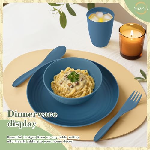 Wrova Wheat Straw Dinnerware Sets of 20,Dishwasher Safe Kitchen Plates and Bowls Sets,Camping Dishes Sets Contains Dinner Plates,Cereal Bowls,Drinking Cups and Flatware.(Blue) - color: Navy Blue, size: 20 Pack