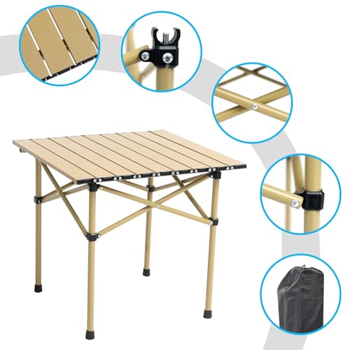 Wind Tour Portable Camping Table Folding Side Table Aluminum Lightweight Table with Carry Bag for Outdoor Cooking Hiking Picnics BBQ Travel (Khaki) - color: Khaki