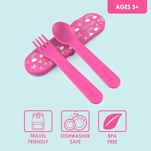 Bentgo Kids Utensil Set - Reusable Plastic Fork, Spoon & Storage Case BPA-Free Materials, Easy-Grip Handles, Dishwasher Safe Ideal for School Lunch, Travel, Outdoors (Rainbows and Butterflies) - color: Rainbows and Butterflies