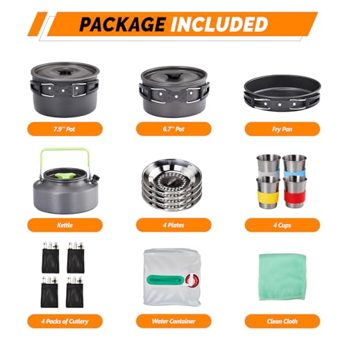 ROVSUN 34/10/6 pcs Camping Cookware Mess Kit, Lightweight Non-Stick Camping Cooking Pot and Pan Set with Stainless Steel Camping Gear Kettle Cup for Open Fire, Backpacking, Outdoor Cooking - style: 34 Pcs