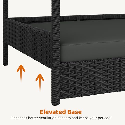 Yaheetech Wicker Dog House Outdoor Indoor with Canopy, Elevated Dog Shelter Dog Bed with Cushion for Small/Medium Dogs, Shade for Deck, Patio, Yard, Pool, Black House, Gray Cushion