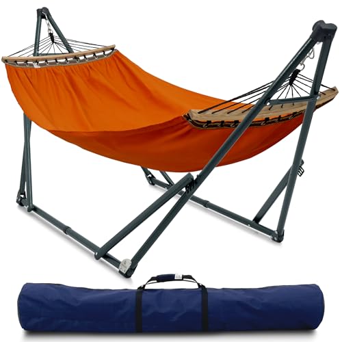 Tranquillo Sturdy Steel Hammock with Stand Premium Cotton Canvas Hammock, 600 lbs Capacity Hammock Stand Folding, Portable 30-Second Fold Unfold Hammock for Camping, Orange - color: 2. Orange