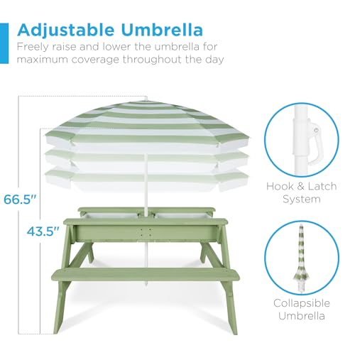 Best Choice Products Kids Picnic Table with Umbrella, 3-in-1 Sand & Water Table, Outdoor Convertible Picnic Table for Toddlers, Seats 4, Removable Top, 2 Buckets - Sage - color: Sage
