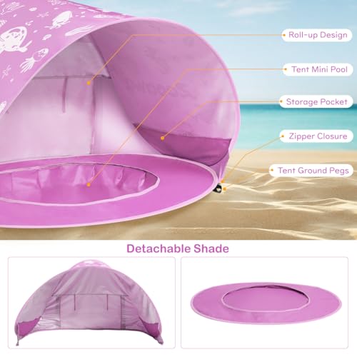 Baby Beach Tent, Pop Up Beach Tent Sun Shade for Beach, Portable Shade Pool UV Protection Sun Shelter for Infant with Beach Sand Toys Set - color: Patterned Pink
