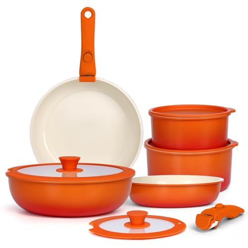 GIPP 11pcs Pots and Pans Set Non Stick, Nonstick Cookware Set Detachable Handle, Ceramic Pots for Cooking Non Stick with Removable Handle, RV Cookware Set for All Stoves, Orange Gradient - color: Orange Gradient, size: 11PCS