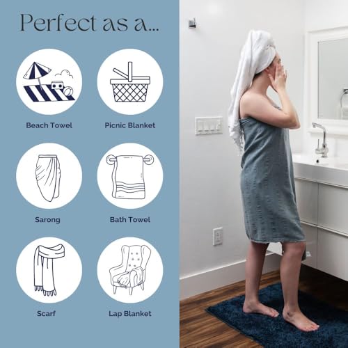 InfuseZen Stonewashed Turkish Bath & Beach Towel –100% Organic Turkish Cotton - Soft, Lightweight, Absorbent - Quick Dry, Sand Free - Swim, Pool, Shower, Travel - Peshtemal, Hammam Spa Towel - Denim - color: Denim