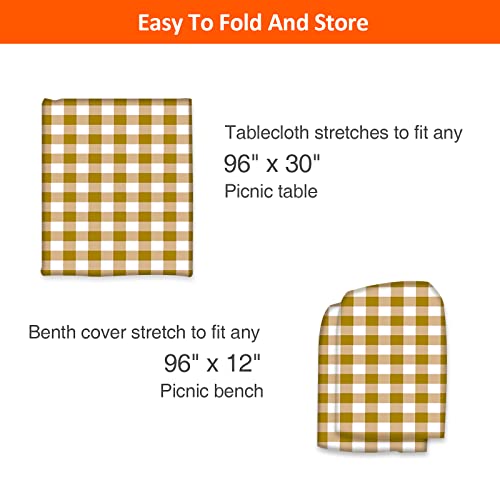 8ft Picnic Table and Bench Cover, Camping Essentials RV Gear, 96 in Waterproof Windproof Outdoor Elastic All Around Tablecloth, Fitted Rectangle Tables and Seats, Coffee-White Checkered - color: Coffee-white Checkered, size: 96"