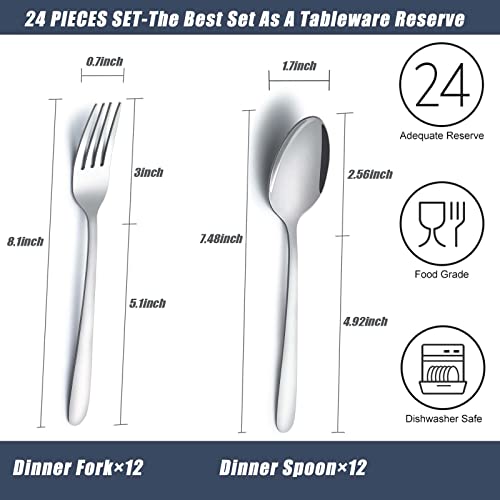 24 Pcs Forks and Spoons Silverware Set, Food Grade Stainless Steel Flatware Cutlery Set for Home, Kitchen and Restaurant, 12 Dinner Forks and Dinner Spoons, Mirror Polished & Dishwasher Safe - color: Silver