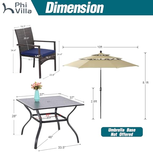PHI VILLA 5 Piece Outdoor Dining Set with Umbrella, 37" Square Metal Dining Table & 4 Cushioned Wicker Rattan Chairs with 10ft Beige Umbrella for Patio, Deck, Yard, Porch - color: Beige, size: 5PCS 37" Steel Table