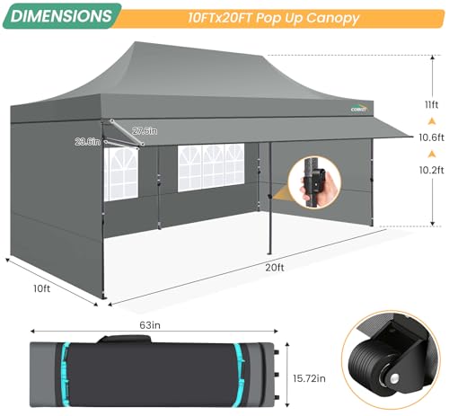 COBIZI 10x20 Pop Up Canopy Tent with Awning & Sidewalls, Heavy Duty Commercial 10X20 Canopy Tents Instant Waterproof, UPF 50+ Sun Shade for Outdoor, Parties, Markets (Gray) - color: Gray, size: 10x20FT with 4 Sidewalls & 1 Awning Cloth