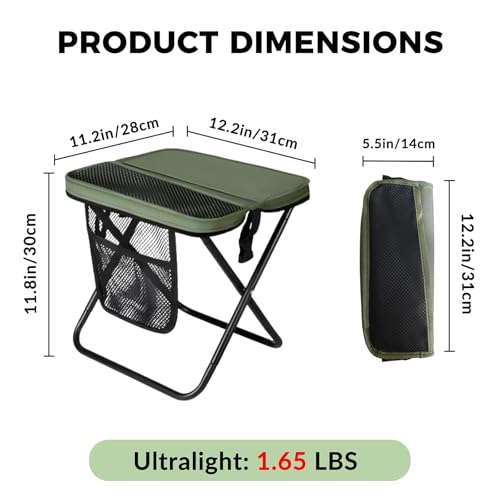 12" Portable Collapsible Stool - Folding Chair with Storage Pouch, Convertible Satchel for Hands-Free Carry & Supports 265Lbs, Ultralight for Hiking, Fishing, Camping, Festivals (Green, Standard) - color: Green, size: Standard