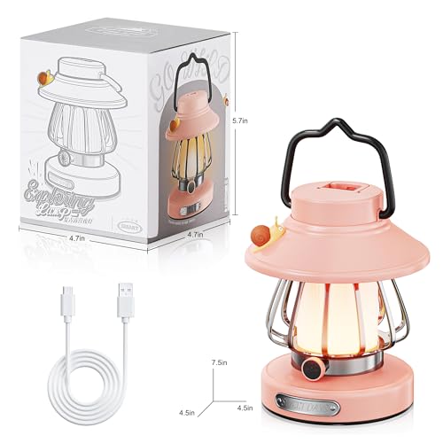 HOMY Pink Retro Kids Camping Lantern, 3-Color Dimmable Portable LED Night Light with Handle, Vintage Decorative Lamp for Toddlers, Gift for Tent, Backyard & Indoor Play - color: Pink