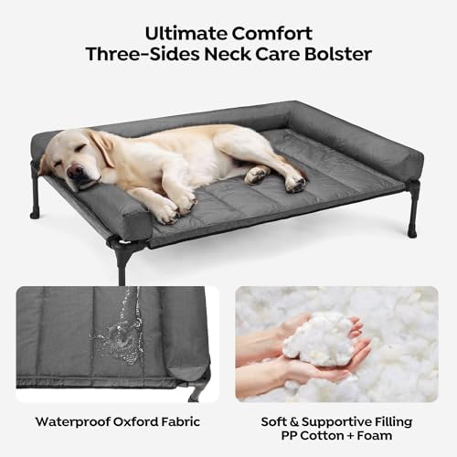 Veehoo Cooling Elevated Dog Bed Add Removable Waterproof Bolster Cushion Mat, Raised Pet Cot with Breathable Teslin Mesh, No-Slip Feet, Dog Couch Bed for Indoor Outdoor, Large, Black Silver - color: Black Silver, size: 42.0"L x 30.0"W x 7.0"Th