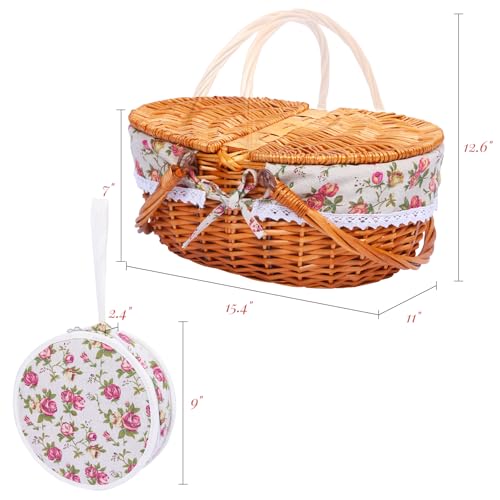 Wicker Picnic Basket with Handle, 15" Large Picnic Basket with Lid & Removable Liner, Vintage Hand Woven Basket with Cutlery Set for Picnics, Camping, Thanksgiving, and Birthday - color: Flower, size: 4-person